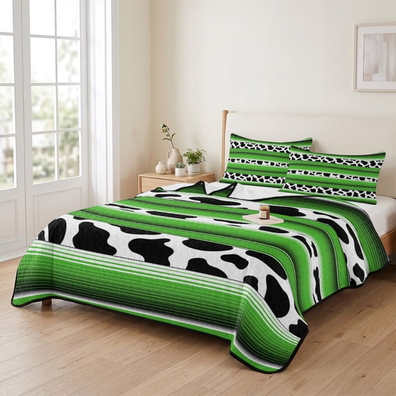 Twin XL Quilt Bedding Set, Mexican Cow Pattern Animal Print Texture Lightweight Coverlet Summer Comforter Set Soft Microfiber Bedspread, Stripes 3 Piece Quilt Set with 2 Pillow Shams All Seasons Use