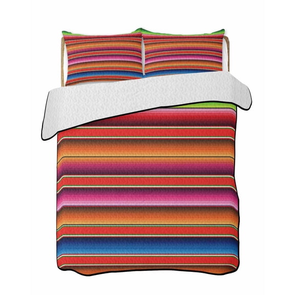 Twin XL Quilt Bedding Set, Mexican Style Reversible Summer Quilt 3 Pieces, Colorful Mexico Stripes Orange Red Lightweight Bedspreads Coverlets with 2 Pillow Shams for All Seasons