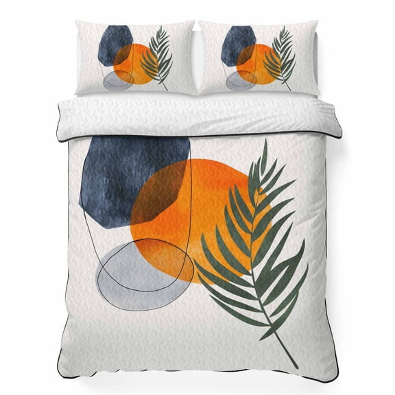 Twin-XL Quilt Bedding Set Mid Century Tropical Boho Leaf Geometric Summer Cooling Blanket for Hot Sleepers, Abstract Minimalist Terracotta Soft Bedding Set with 2 Pillow Shams for All Season