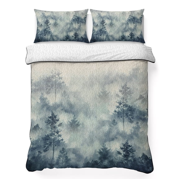 Twin XL Quilt Bedding Set Misty Woodland Trees Lightweight Summer Quilted Coverlet for Hot Sleepers, Vintage Background Breathable Soft Cooling Blanket with 2 Pillow Shams for All Season