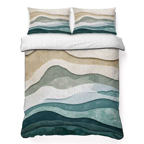 Twin XL Quilt Bedding Set, Modern Gradient Teal Khaki Stripe Soft Microfiber Summer Bedspread Coverlet with 2 Pillow Shams, Abstract Beach Sea Wave Breathable Bedding Set for Hot Sleepers