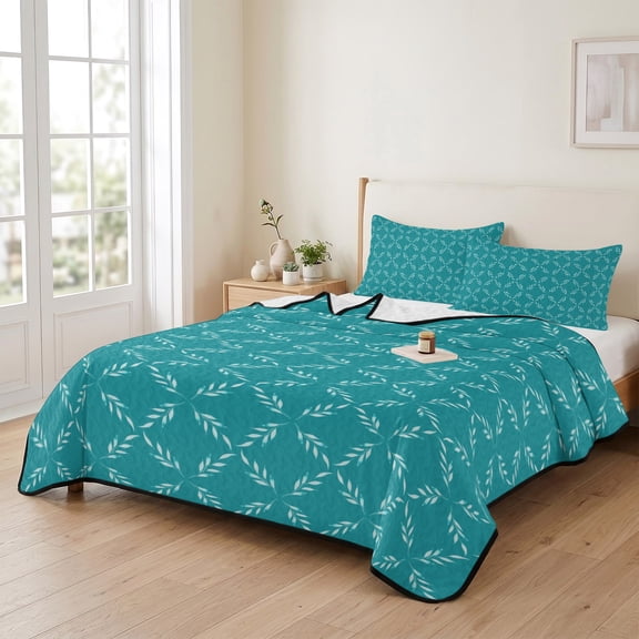 Twin XL Quilt Bedding Set, Modern Teal Morocco Style Lightweight Coverlet Summer Comforter Set Soft Microfiber Bedspread, Geometric Leaf Diamond Plaid 3 Piece Quilt Set with 2 Pillow Shams