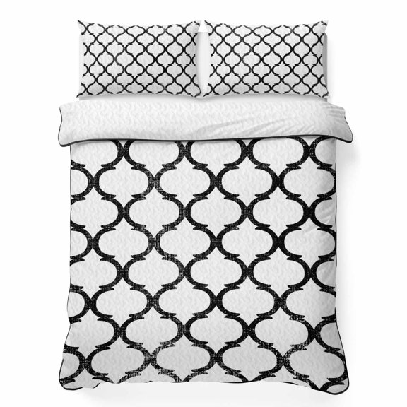 Twin XL Quilt Bedding Set, Moroccan Geometric Pattern 3 Piece Bedding Set Lightweight Breathable Quilt with 2 Pillow Shams, Minimalist Black Soft Microfiber Summer Comforter for Hot Sleepers
