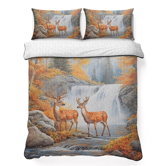 Twin XL Quilt Bedding Set Natural Forest Waterfall Antlers Lightweight Summer Quilted Coverlet for Hot Sleepers, Watercolor River Tree Rock Breathable Soft Blanket with 2 Pillow Shams for All Season