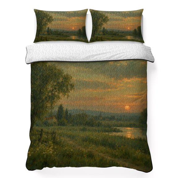 Twin XL Quilt Bedding Set, Natural Sunset Scene 3 Piece Bedding Set Lightweight Breathable Quilt with 2 Pillow Shams, Country River Grassy Field Tree Soft Microfiber Summer Comforter for Hot Sleepers