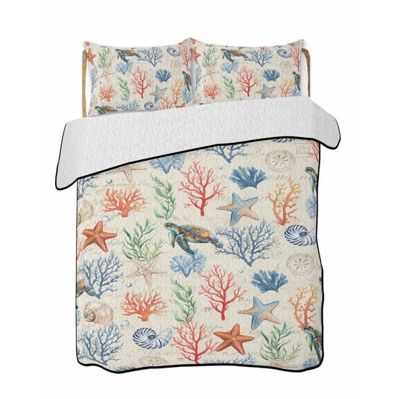 Twin XL Quilt Bedding Set, Nautical Coastal Reversible Summer Quilt 3 Pieces, Watercolor Ocean Turtle Coral Starfish Beige Lightweight Bedspreads Coverlets with 2 Pillow Shams for All Seasons