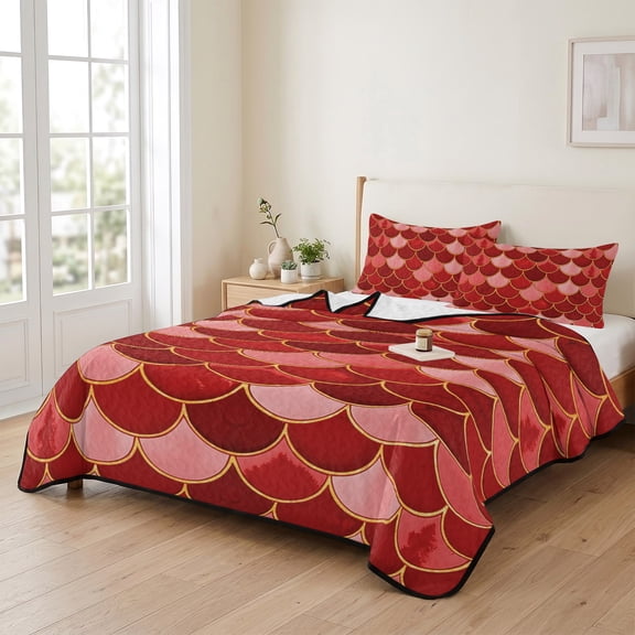 Twin XL Quilt Bedding Set, Nautical Ocean Fish Scale Lightweight Coverlet Summer Comforter Set Soft Microfiber Bedspread, Modern Red Gradient Pattern 3 Piece Quilt Set with 2 Pillow Shams