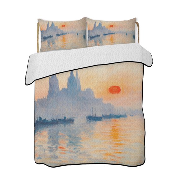 Twin XL Quilt Bedding Set, Nautical Ship Reversible Summer Quilt 3 Pieces, Country Sunrise House Ocean Painting Lightweight Bedspreads Coverlets with 2 Pillow Shams for All Seasons