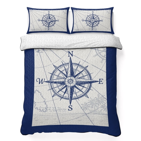 Twin XL Quilt Bedding Set, Nautical Vintage Compass Rudder Soft Microfiber Summer Bedspread Coverlet with 2 Pillow Shams for All Season, Blue Line on Map Breathable Bedding Set for Hot Sleepers