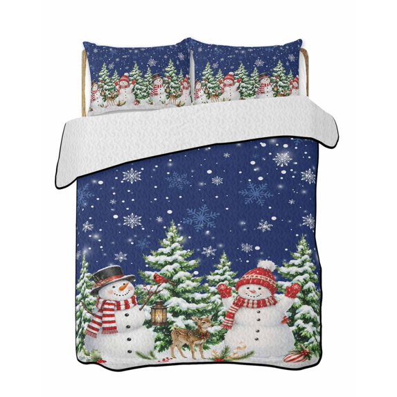 Twin XL Quilt Bedding Set, Navy Blue Christmas Snowflakes Reversible Summer Quilt 3 Pieces, Winter Xmas Snowman Trees Lightweight Bedspreads Coverlets with 2 Pillow Shams for All Seasons