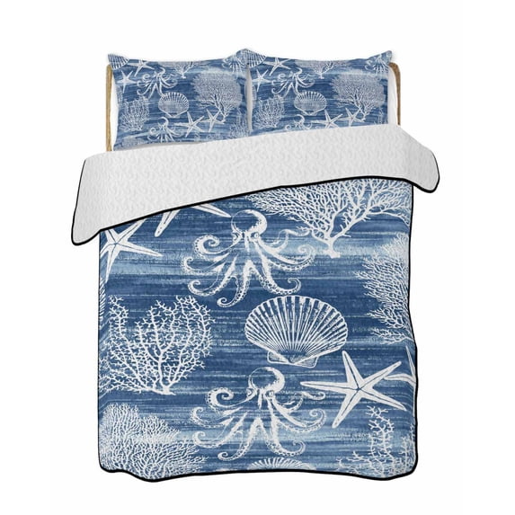 Twin XL Quilt Bedding Set, Navy Blue Coastal Reversible Summer Quilt 3 Pieces, Nautical Coral Starfish Shell Octopus Sea Lightweight Bedspreads Coverlets with 2 Pillow Shams for All Seasons