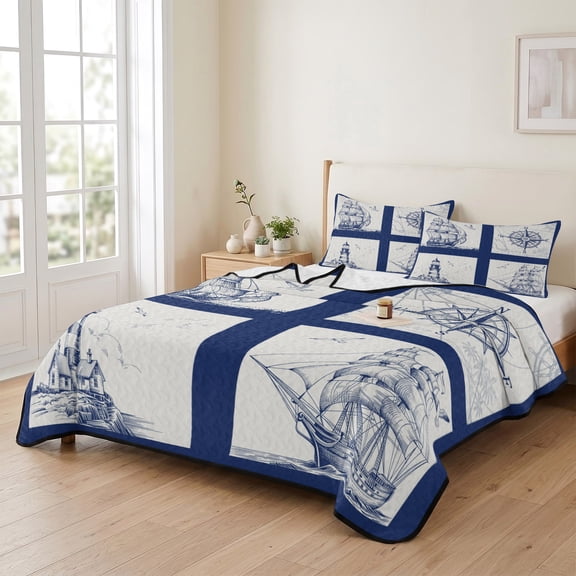 Twin XL Quilt Bedding Set, Navy Blue Compass Sailing Ship Plaid Lightweight Coverlet Summer Comforter Set Soft Microfiber Bedspread, Nautical Retro Lighthouse 3 Piece Quilt Set with 2 Pillow Shams