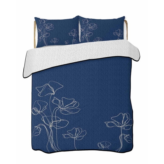 Twin XL Quilt Bedding Set, Navy Blue Flowers Reversible Summer Quilt 3 Pieces, Rustic Abstract Floral Simple Art Lightweight Bedspreads Coverlets with 2 Pillow Shams for All Seasons