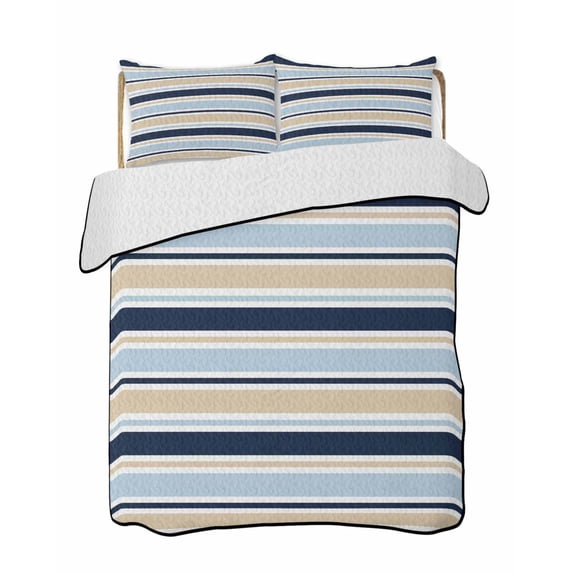 Twin XL Quilt Bedding Set, Navy Blue Khaki Striped Reversible Summer Quilt 3 Pieces, Farmhouse Stripes Modern Abstract Art Lightweight Bedspreads Coverlets with 2 Pillow Shams for All Seasons