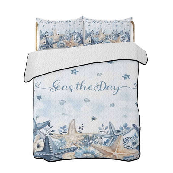 Twin XL Quilt Bedding Set, Navy Blue Starfish Coastal Reversible Summer Quilt 3 Pieces, Nautical Summer Beach Coral Shell Lightweight Bedspreads Coverlets with 2 Pillow Shams for All Seasons