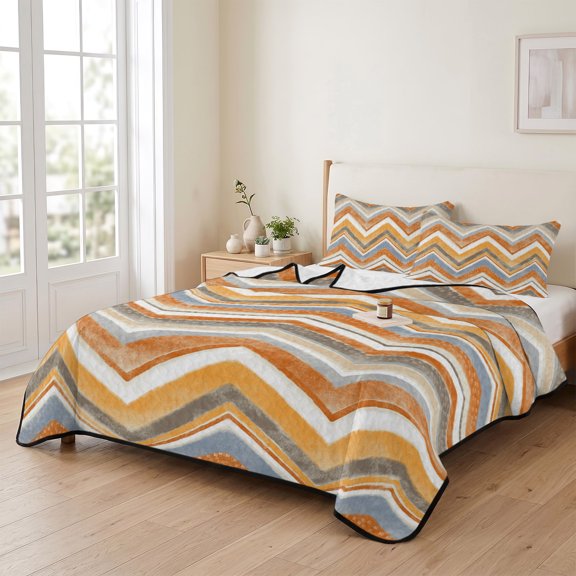 Twin XL Quilt Bedding Set, Northern Europe Orange Zigzag Pattern Lightweight Coverlet Summer Comforter Set Microfiber Bedspread, Retro Abstract Geometric Art 3 Piece Quilt Set with 2 Pillow Shams