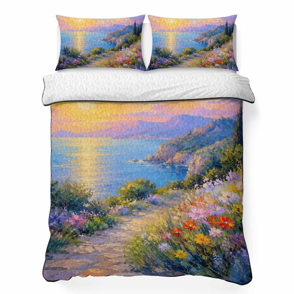 Twin XL Quilt Bedding Set, Ocean Coastal Sunset Scene Soft Microfiber Summer Bedspread Coverlet with 2 Pillow Shams for All Season, Rustic Wildflower Path Breathable Bedding Set for Hot Sleepers