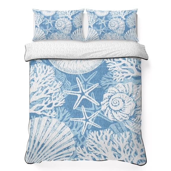 Twin XL Quilt Bedding Set Ocean Coral Conch Seashell Starfish Lightweight Summer Quilted Coverlet for Hot Sleepers, Blue Ocean Breathable Soft Cooling Blanket with 2 Pillow Shams for All Season