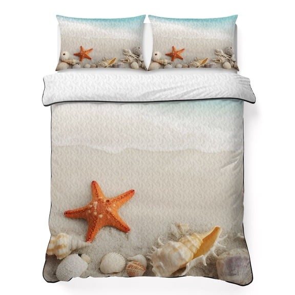 Twin XL Quilt Bedding Set Oceans Beach Sea Shell Starfish Lightweight Summer Quilted Coverlet for Hot Sleepers, Summer Marine Theme Breathable Soft Cooling Blanket with 2 Pillow Shams for All Season