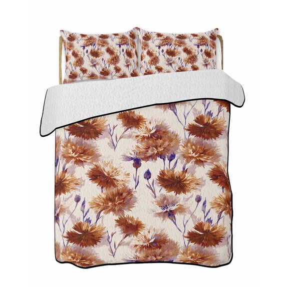 Twin XL Quilt Bedding Set, Orange Floral Reversible Summer Quilt 3 Pieces, Vintage Cornflower Leaves Rustic Plants Lightweight Bedspreads Coverlets with 2 Pillow Shams for All Seasons