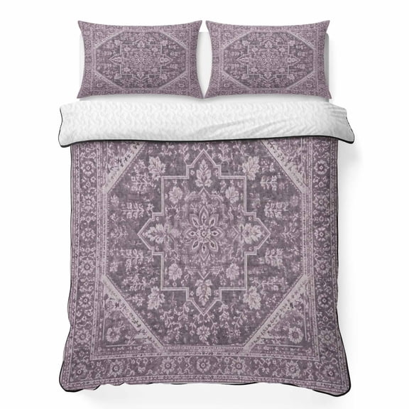 Twin XL Quilt Bedding Set, Oriental Purple Medallion Floral Soft Microfiber Summer Bedspread Coverlet with 2 Pillow Shams, Traditional Flower Texture Breathable Bedding Set for Hot Sleepers