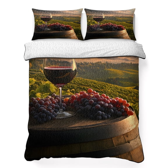 Twin XL Quilt Bedding Set Pastoral Grape Wine Vintage Barrel Lightweight Summer Quilted Coverlet for Hot Sleepers, Farm Harvest Breathable Soft Cooling Blanket with 2 Pillow Shams for All Season