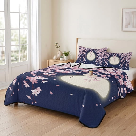 Twin XL Quilt Bedding Set, Pink Cherry Blossoms Full Moon Lightweight Coverlet Summer Comforter Set Soft Microfiber Bedspread, Japanese Floral Art 3 Piece Quilt Set with 2 Pillow Shams
