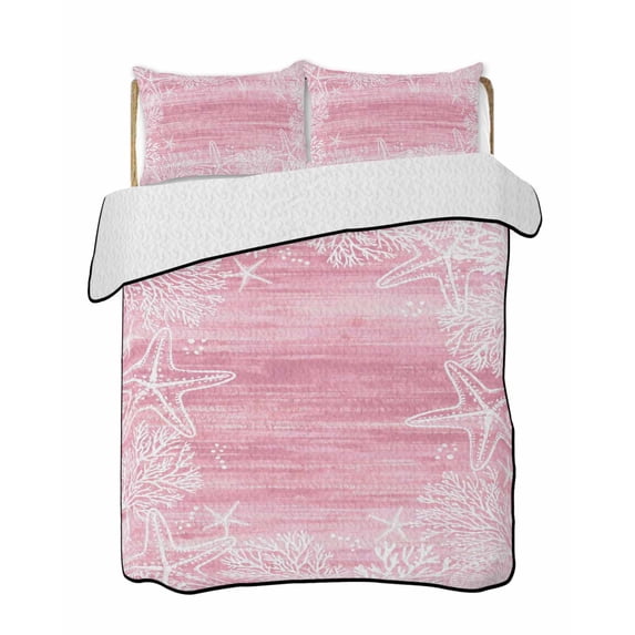 Twin XL Quilt Bedding Set, Pink Coastal Reversible Summer Quilt 3 Pieces, Summer Ocean Sea Ombre Starfish Corals Lightweight Bedspreads Coverlets with 2 Pillow Shams for All Seasons