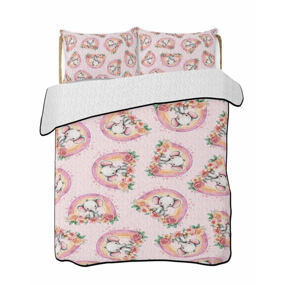 Twin XL Quilt Bedding Set, Pink Elephant Reversible Summer Quilt 3 Pieces, Spring Floral Botanical Cartoon Rainbow Lightweight Bedspreads Coverlets with 2 Pillow Shams for All Seasons