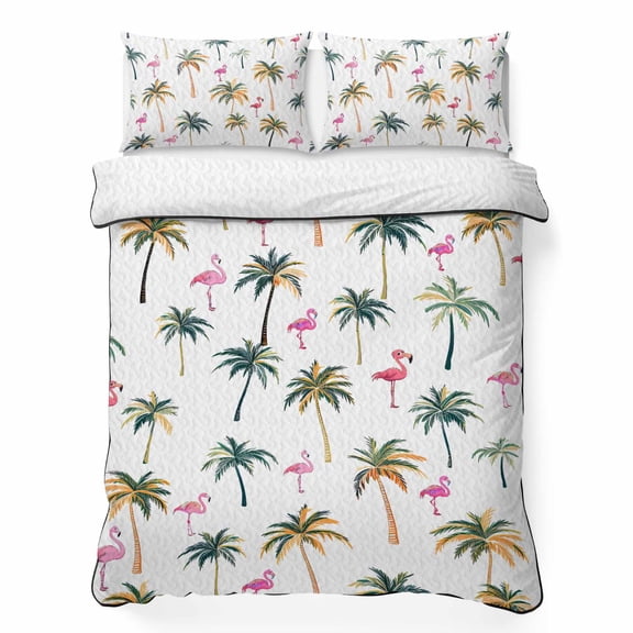 Twin XL Quilt Bedding Set Pink Flamingo Palm Trees on White Lightweight Summer Quilted Coverlet for Hot Sleepers, Summer Beach Breathable Soft Cooling Blanket with 2 Pillow Shams for All Season