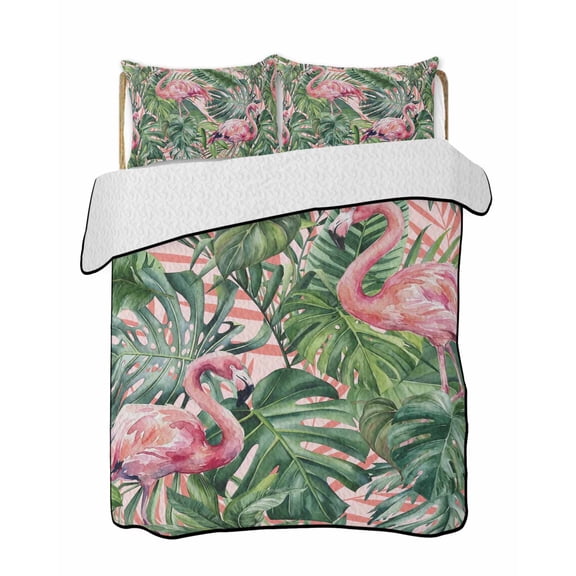 Twin XL Quilt Bedding Set, Pink Flamingo Reversible Summer Quilt 3 Pieces, Summer Tropical Watercolor Plants Green Leaves Lightweight Bedspreads Coverlets with 2 Pillow Shams for All Seasons