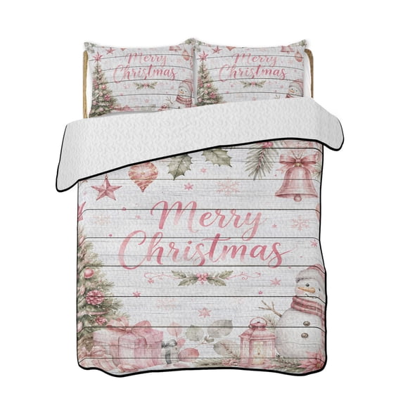 Twin XL Quilt Bedding Set, Pink Merry Christmas Reversible Summer Quilt 3 Pieces, Xmas Tree Snowman Eucalyptus Wood Lightweight Bedspreads Coverlets with 2 Pillow Shams for All Seasons