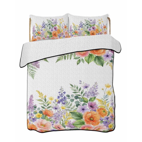 Twin XL Quilt Bedding Set, Pink Orange Flowers Reversible Summer Quilt 3 Pieces, Spring Floral Farmhouse Botanical Lightweight Bedspreads Coverlets with 2 Pillow Shams for All Seasons