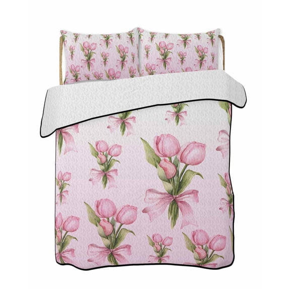 Twin XL Quilt Bedding Set, Pink Tulip Reversible Summer Quilt 3 Pieces, Spring Botanical Flowers Floral Branches Lightweight Bedspreads Coverlets with 2 Pillow Shams for All Seasons