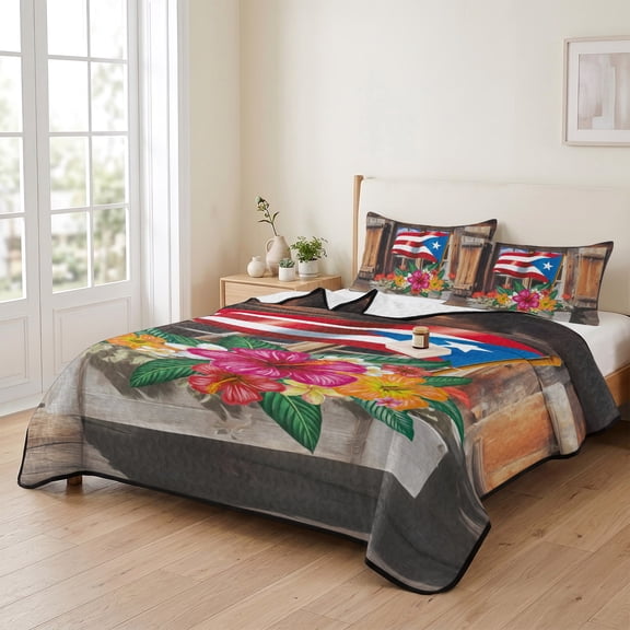 Twin XL Quilt Bedding Set, Puerto Rico Flag with Colorful Flowers Lightweight Coverlet Summer Comforter Set Soft Microfiber Bedspread, Vintage Farm Barn 3 Piece Quilt Set with 2 Pillow Shams