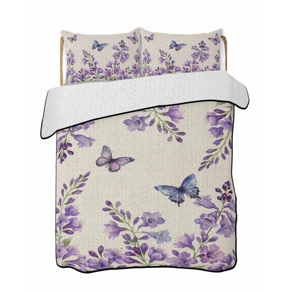 Twin XL Quilt Bedding Set, Purple Flowers Reversible Summer Quilt 3 Pieces, Butterfly Spring Floral Rustic Farmhouse Lightweight Bedspreads Coverlets with 2 Pillow Shams for All Seasons