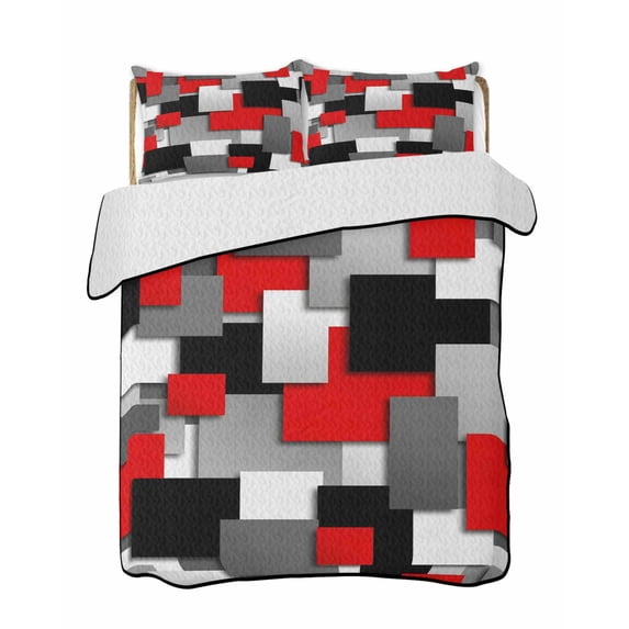 Twin XL Quilt Bedding Set, Red Black Geometric Reversible Summer Quilt 3 Pieces, Modern Abstract Art Block Lightweight Bedspreads Coverlets with 2 Pillow Shams for All Seasons