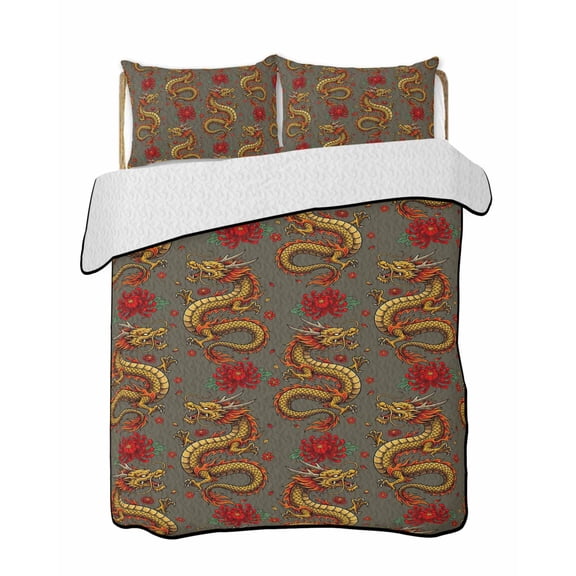 Twin XL Quilt Bedding Set, Red Chinese Dragon Reversible Summer Quilt 3 Pieces, Vintage Chic Flowers Leaf Textured Grey Lightweight Bedspreads Coverlets with 2 Pillow Shams for All Seasons