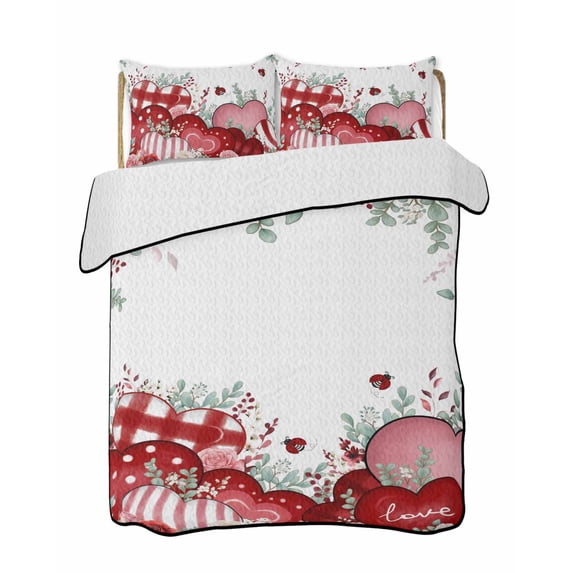 Twin XL Quilt Bedding Set, Red Pink Valentine's Day Reversible Summer Quilt 3 Pieces, Love Heart Eucalyptus Leaves Lightweight Bedspreads Coverlets with 2 Pillow Shams for All Seasons