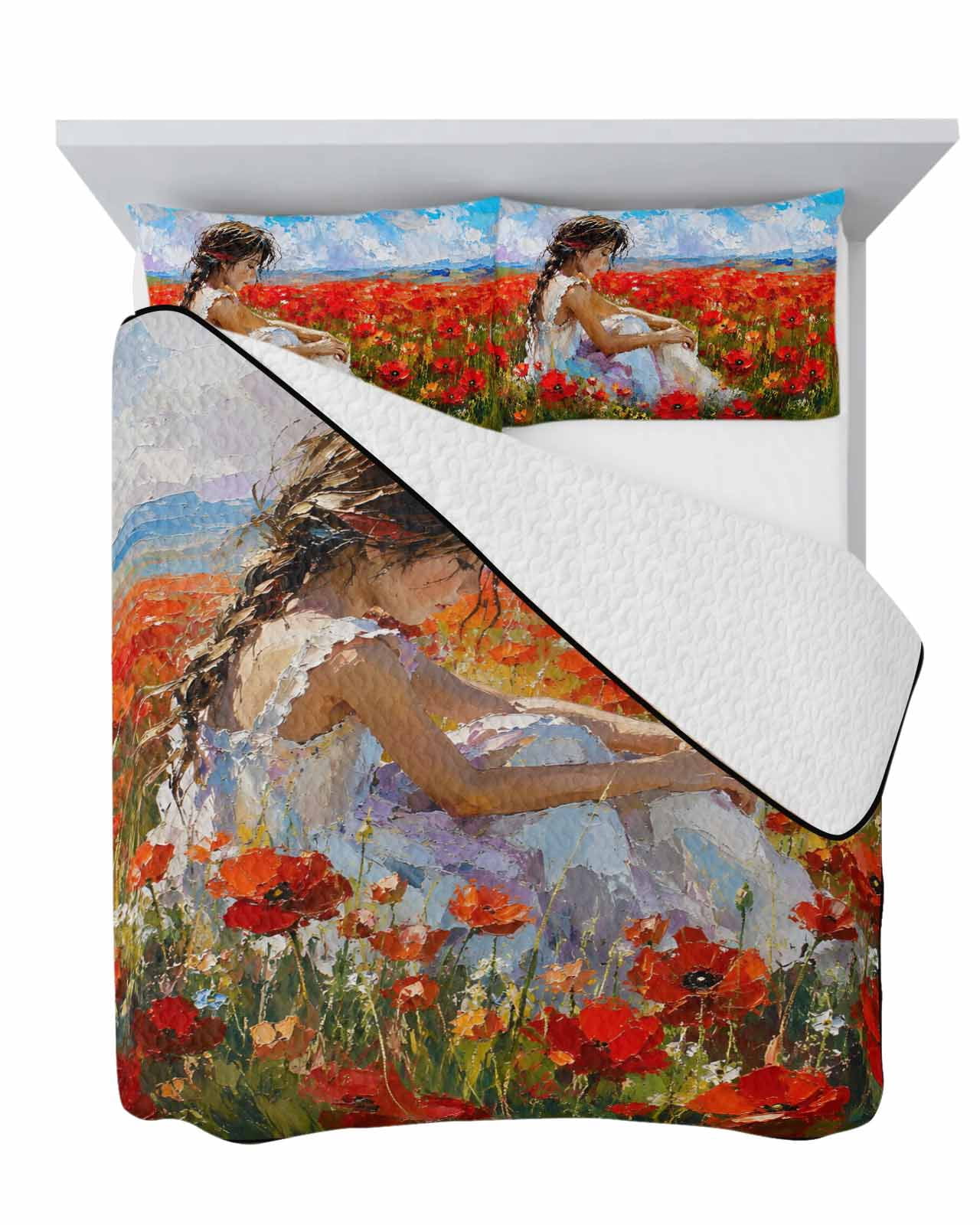 Twin XL Quilt Bedding Set, Red Poppy Flower Braided Girl Soft ...