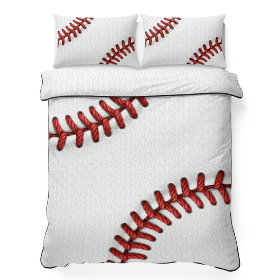 Twin XL Quilt Bedding Set, Red White Baseball Stitching Texture Soft Microfiber Summer Bedspread Coverlet with 2 Pillow Shams for All Season, Sport Theme Breathable Bedding Set for Hot Sleepers
