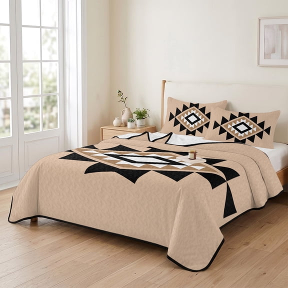 Twin XL Quilt Bedding Set, Retro Aztec Tribal Pattern Lightweight Coverlet Summer Comforter Set Soft Microfiber Bedspread, Abstract Geometric Art on Brown 3 Piece Quilt Set with 2 Pillow Shams