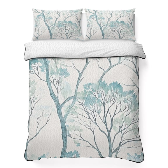 Twin XL Quilt Bedding Set Retro Green Trees Lightweight Summer Quilted Coverlet for Hot Sleepers, Watercolor Botanical Art Breathable Soft Cooling Blanket with 2 Pillow Shams for All Season