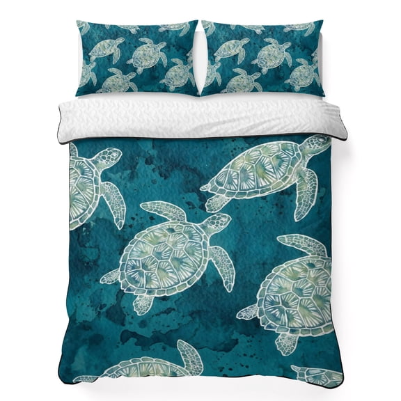 Twin XL Quilt Bedding Set Retro Sea Turtle Summer Coastal Lightweight Summer Quilted Coverlet for Hot Sleepers, Gradient Turquoise Ocean Breathable Soft Blanket with 2 Pillow Shams for All Season