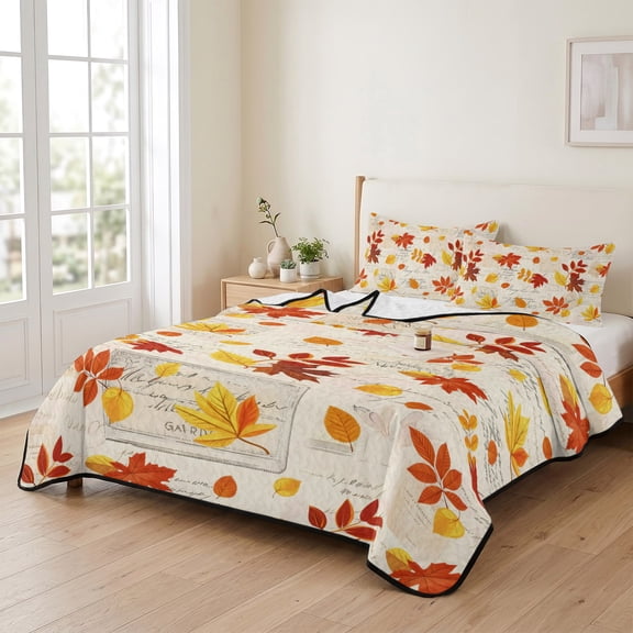 Twin XL Quilt Bedding Set, Retro Thanksgiving Maple Leaf Lightweight Coverlet Summer Comforter Set Soft Microfiber Bedspread, Fall Leaves on Letter 3 Piece Quilt Set with 2 Pillow Shams