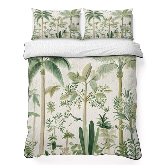 Twin XL Quilt Bedding Set Retro Tropical Forest Scene Lightweight Summer Quilted Coverlet for Hot Sleepers, Green Coconut Tree Bird Breathable Soft Cooling Blanket with 2 Pillow Shams for All Season