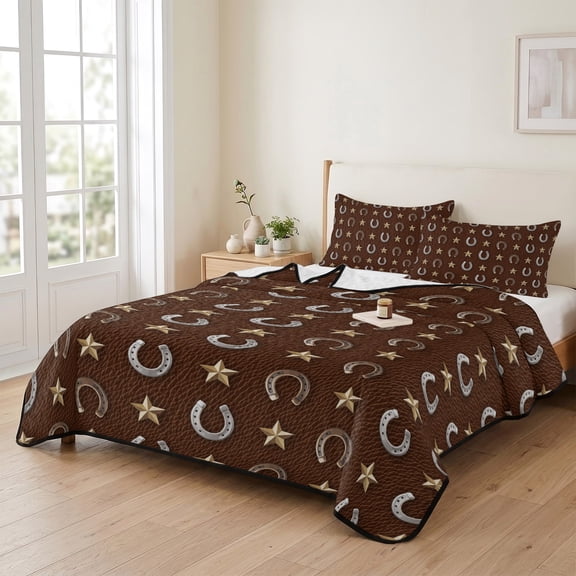 Twin XL Quilt Bedding Set, Retro Western Horse-footed Iron on Brown Lightweight Coverlet Summer Comforter Set Soft Microfiber Bedspread, Yellow Star 3 Piece Quilt Set with 2 Pillow Shams