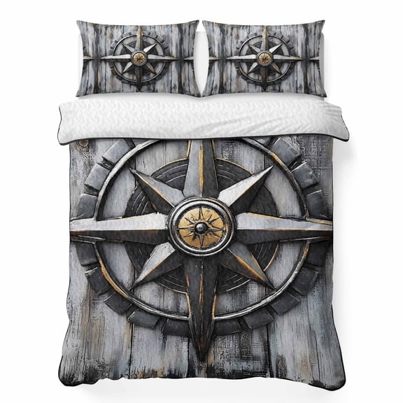 Twin XL Quilt Bedding Set Rustic Navigation Compass Summer Quilt Lightweight Quilted Coverlet with 2 Pillow Shams, Vintage Wood Background 3-Piece Bedspread Quilt Set for All Season