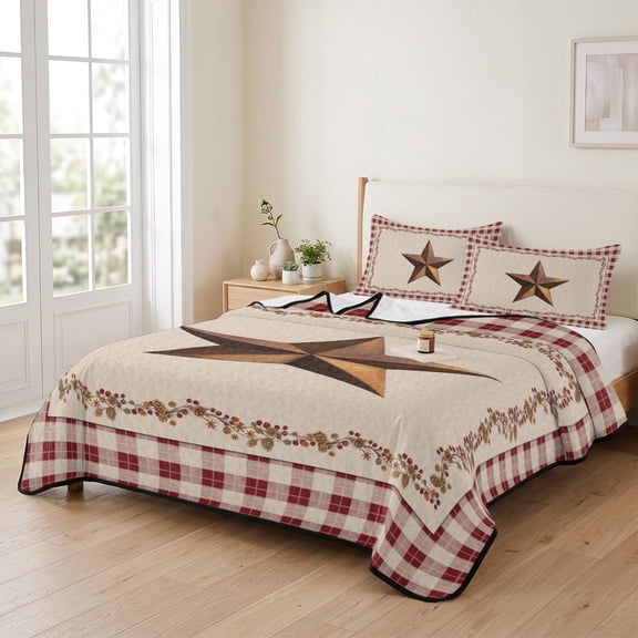 Twin XL Quilt Bedding Set, Rustic Western Star Berry Lace Lightweight Coverlet Summer Comforter Set Soft Microfiber Bedspread, Retro Bufflo Red Checkered Edge 3 Piece Quilt Set with 2 Pillow Shams