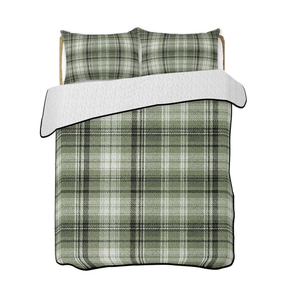 Twin XL Quilt Bedding Set, Sage Green Buffalo Plaid Reversible Summer Quilt 3 Pieces, Farmhouse Modern Striped Lightweight Bedspreads Coverlets with 2 Pillow Shams for All Seasons